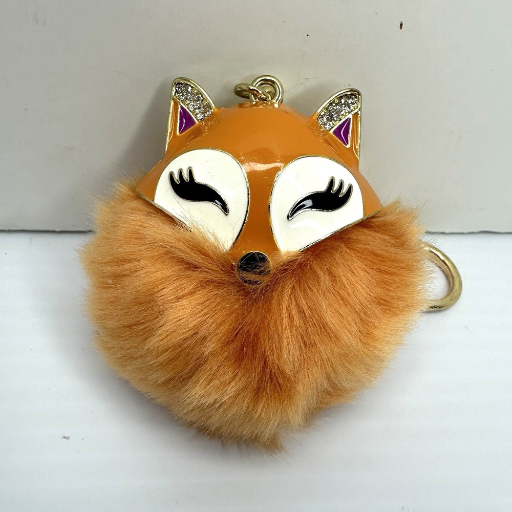 Fox Keychain Pom Pom Faux Fur Orange Rhinestones Gold Tone Bag Charm Cute